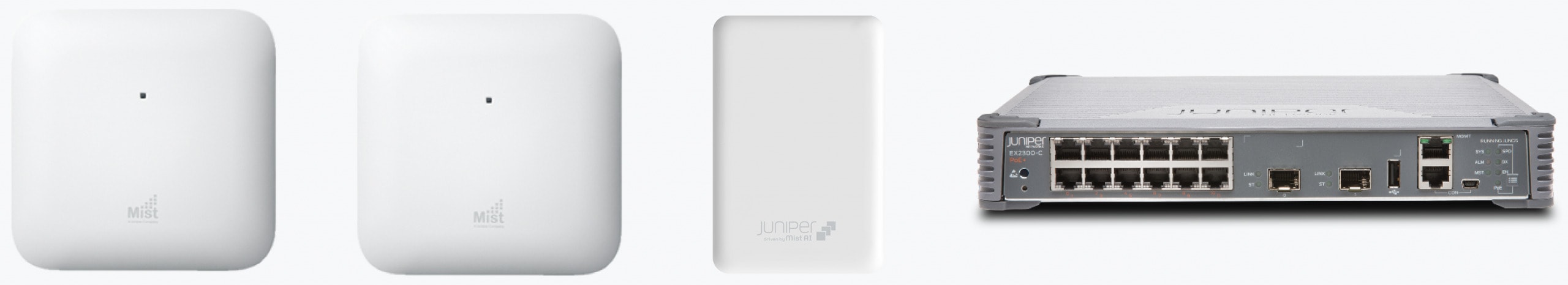 Der Inhalt des Mist AI Testtkoffers: 3x AP und 1x Switch